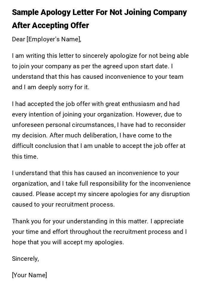 Sample Apology Letter For Not Joining Company After Accepting Offer Sample Apology Letter For Not Joining Company After Accepting Offer