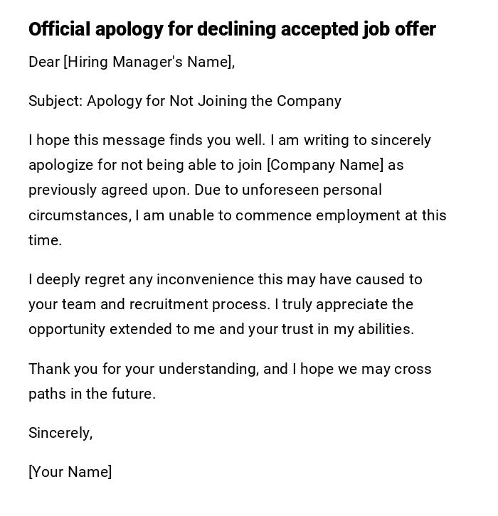 Official apology for declining accepted job offer Official apology for declining accepted job offer