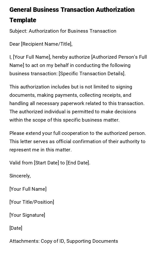 General Business Transaction Authorization Template General Business Transaction Authorization Template