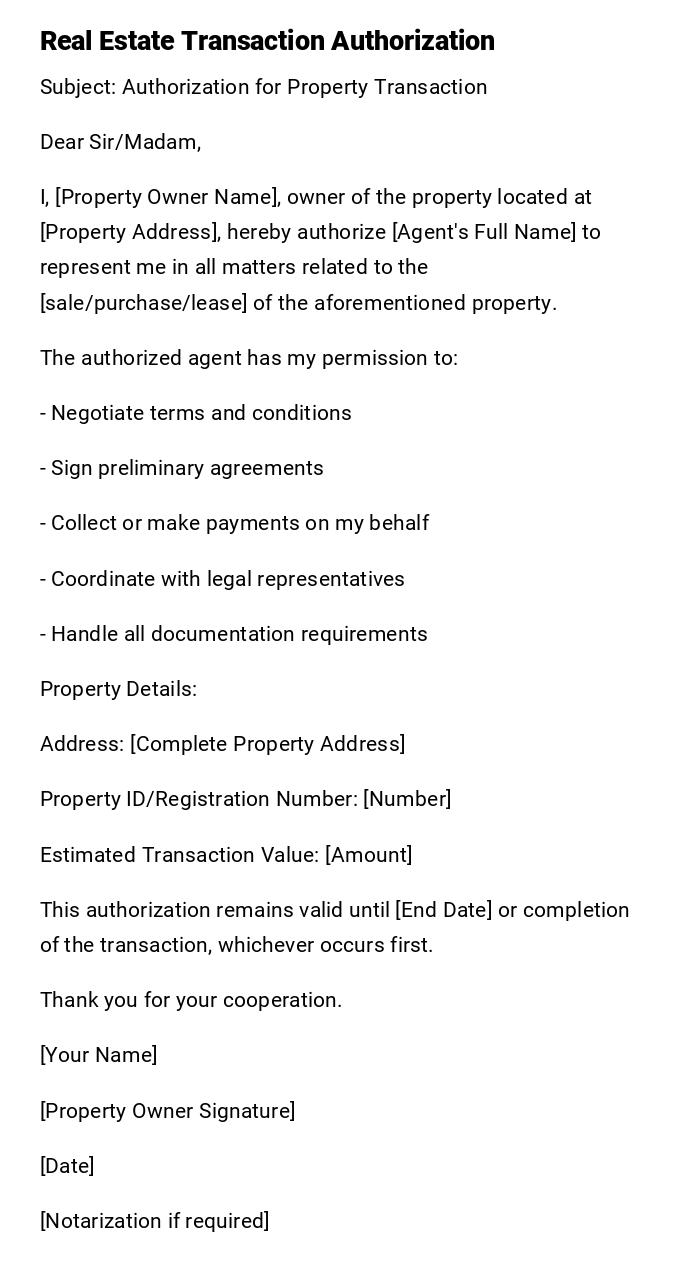 Real Estate Transaction Authorization Real Estate Transaction Authorization