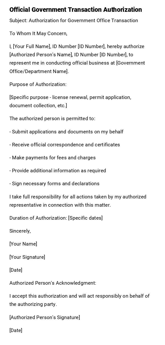 Official Government Transaction Authorization Official Government Transaction Authorization