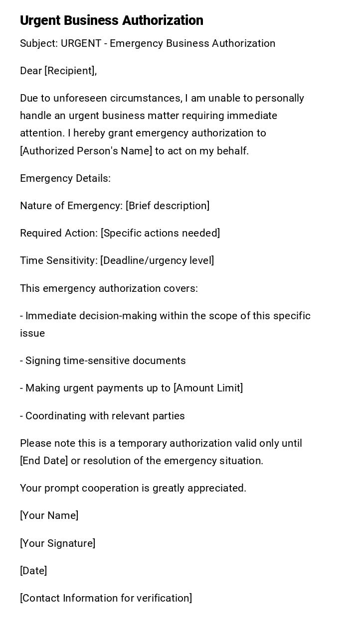 Urgent Business Authorization Urgent Business Authorization
