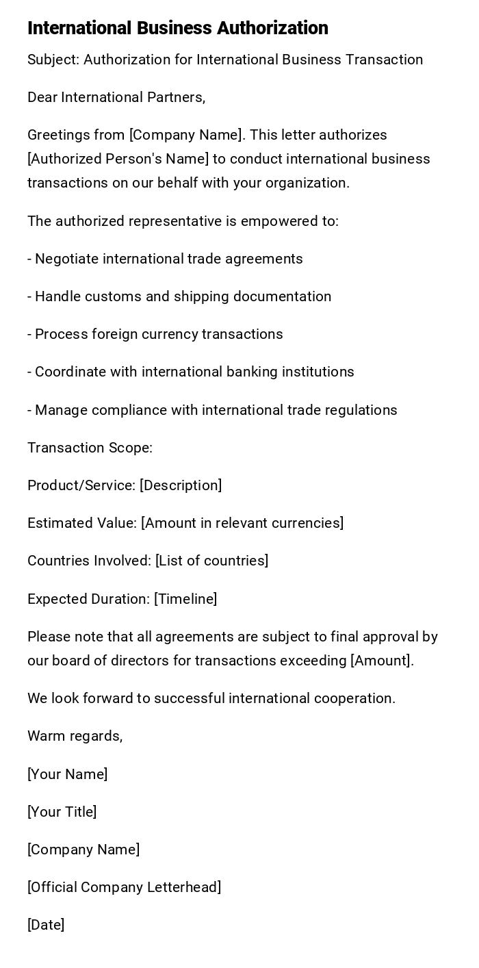 International Business Authorization International Business Authorization