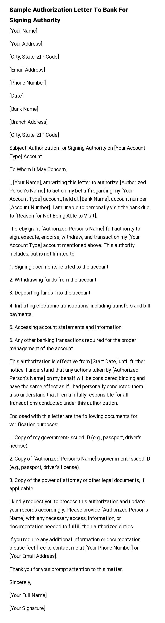 Sample Authorization Letter To Bank For Signing Authority