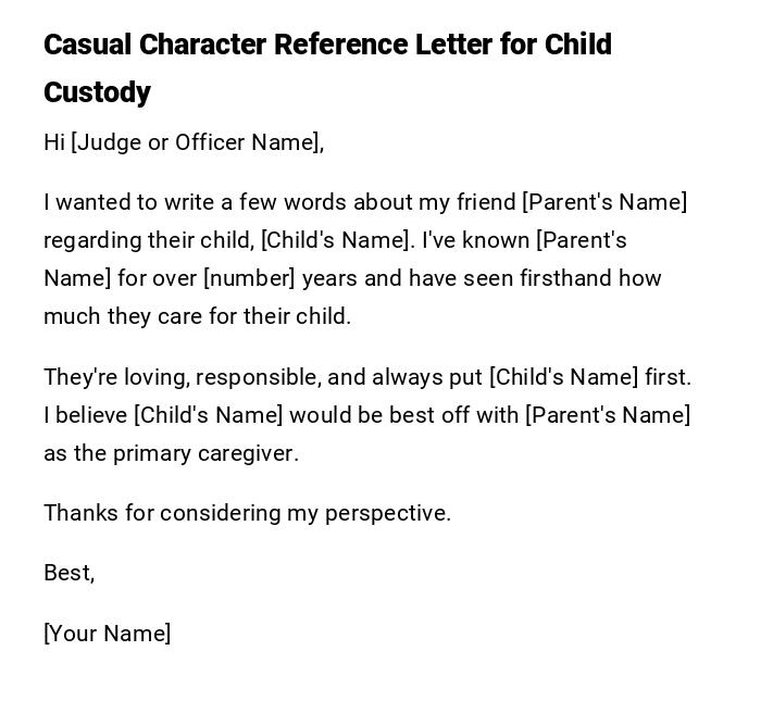 Casual Character Reference Letter for Child Custody