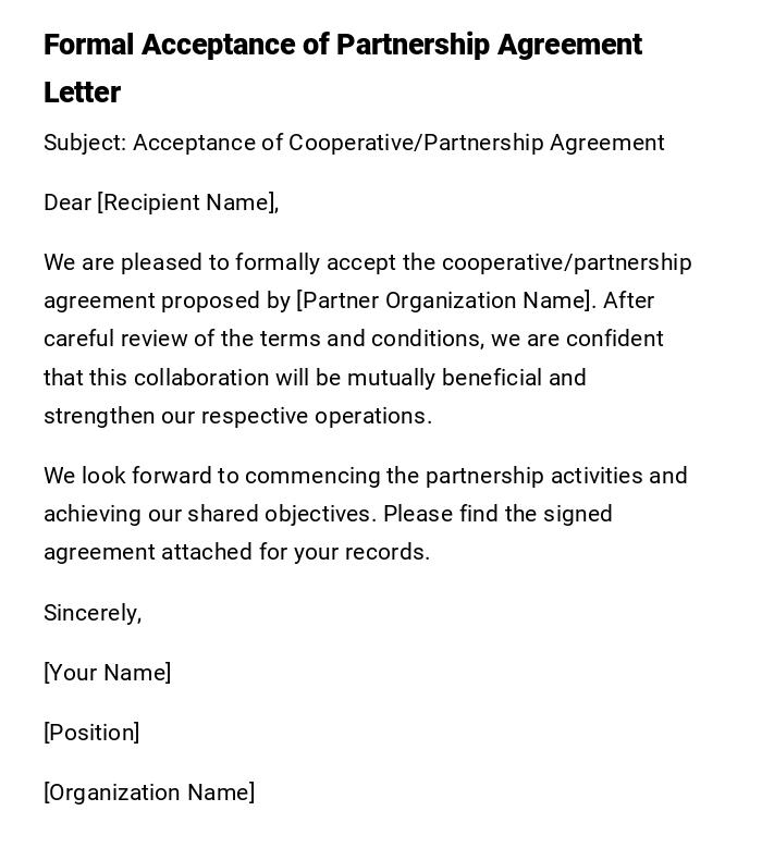 Formal Acceptance of Partnership Agreement Letter Formal Acceptance of Partnership Agreement Letter