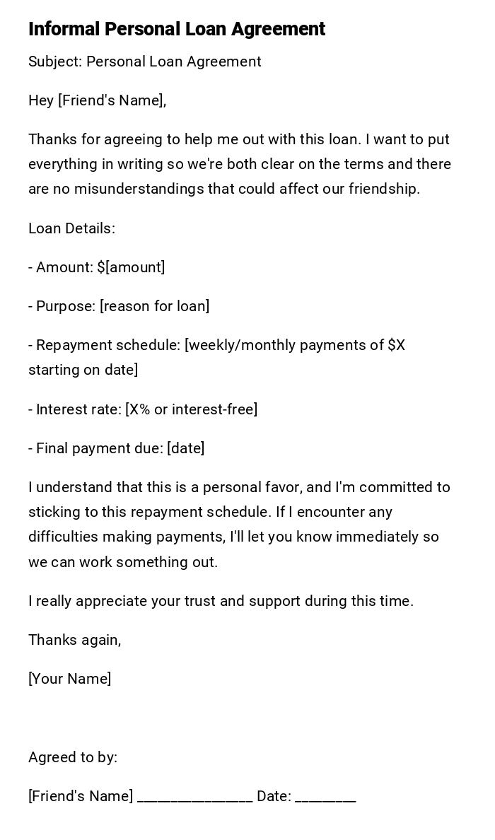 Informal Personal Loan Agreement Informal Personal Loan Agreement