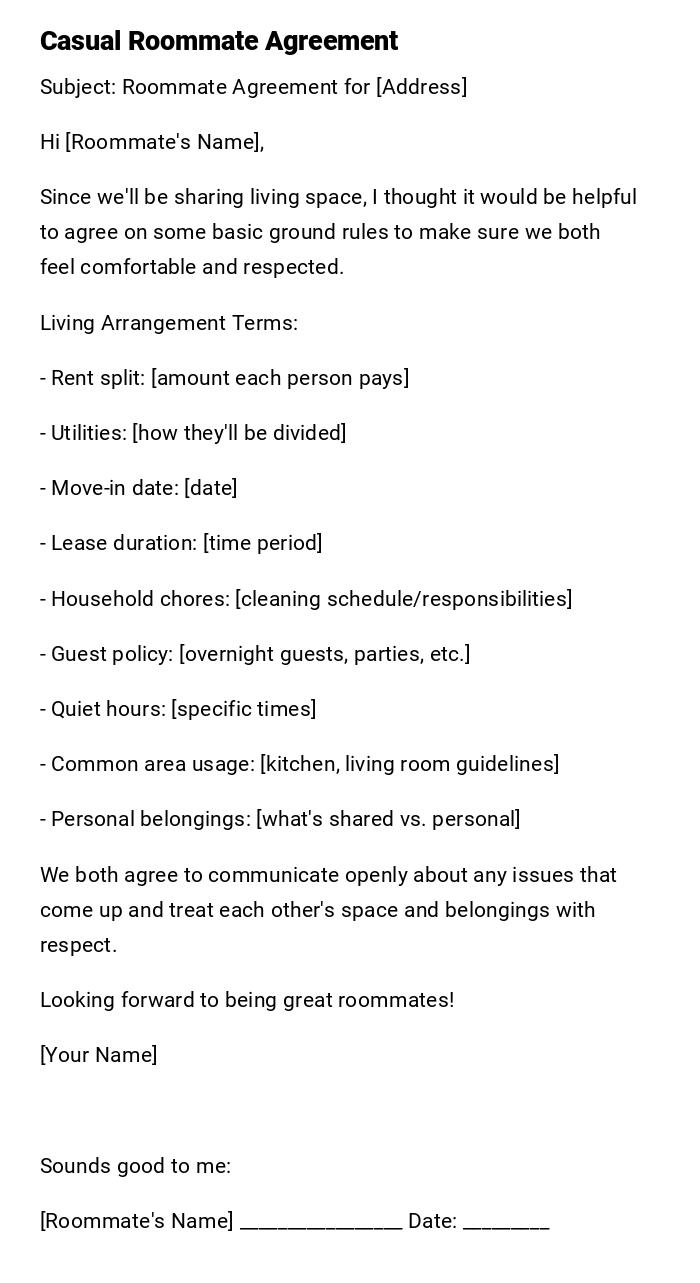 Casual Roommate Agreement Casual Roommate Agreement