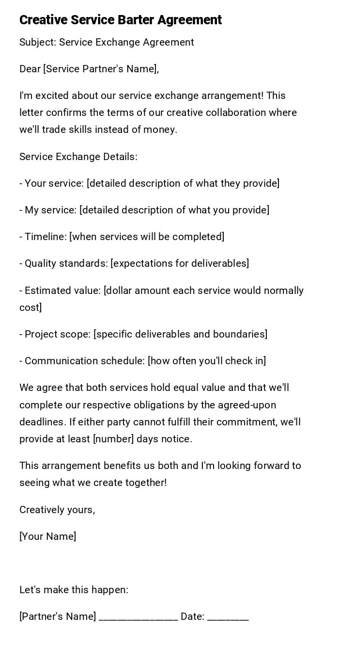 Creative Service Barter Agreement Creative Service Barter Agreement