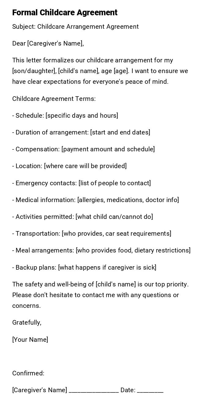 Formal Childcare Agreement Formal Childcare Agreement