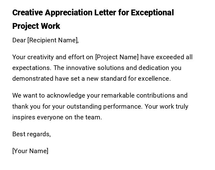 Creative Appreciation Letter for Exceptional Project Work Creative Appreciation Letter for Exceptional Project Work