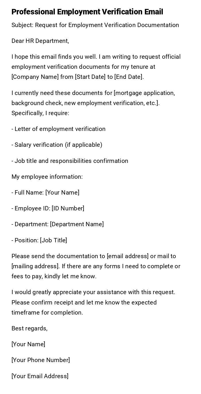 Professional Employment Verification Email Professional Employment Verification Email