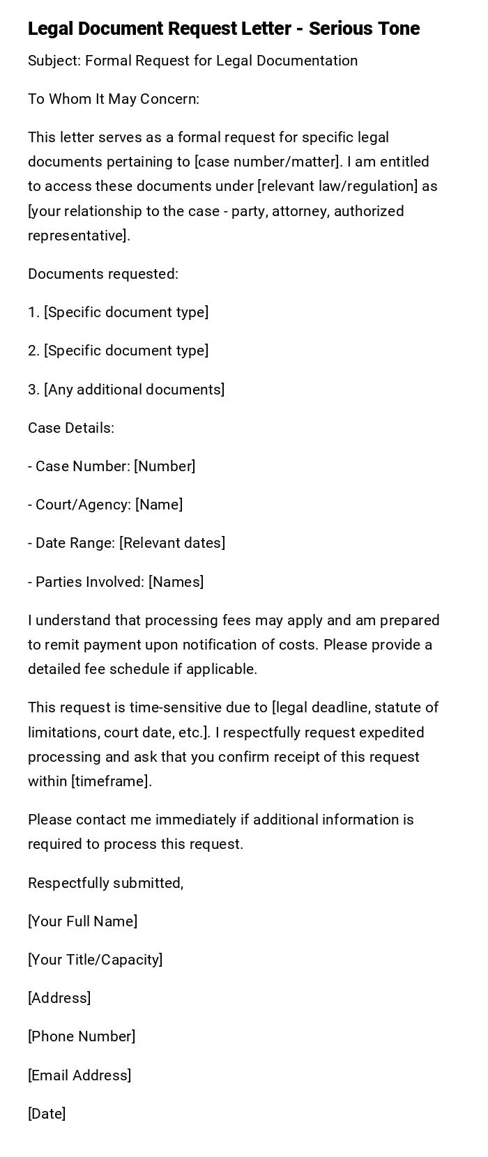 Legal Document Request Letter - Serious Tone Legal Document Request Letter - Serious Tone