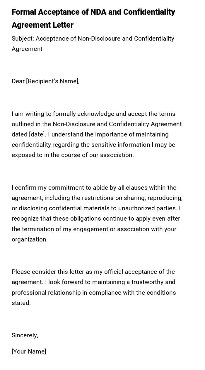 Formal Acceptance of NDA and Confidentiality Agreement Letter Formal Acceptance of NDA and Confidentiality Agreement Letter