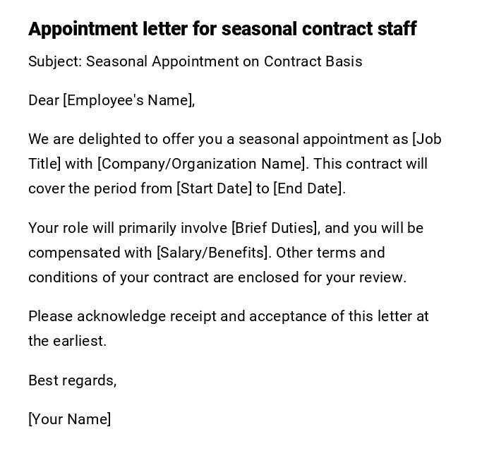 Appointment letter for seasonal contract staff Appointment letter for seasonal contract staff