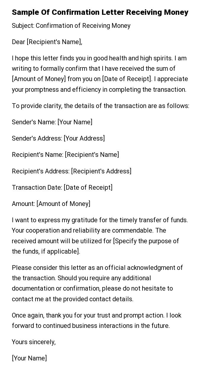 Sample Of Confirmation Letter Receiving Money