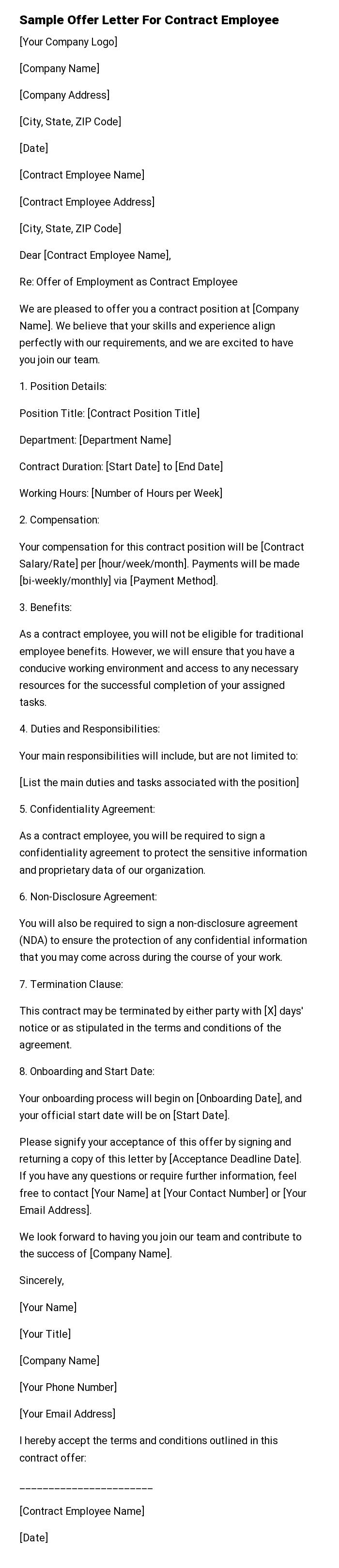 Sample Offer Letter For Contract Employee