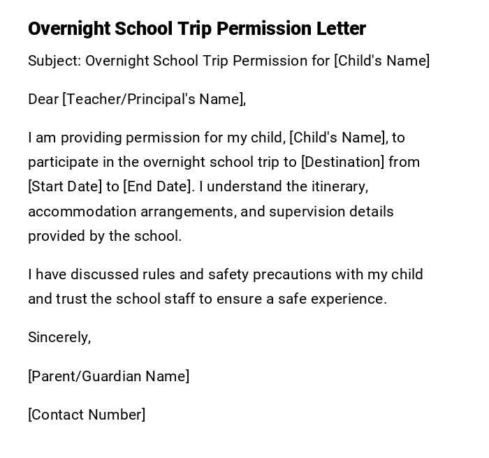 Overnight School Trip Permission Letter Overnight School Trip Permission Letter