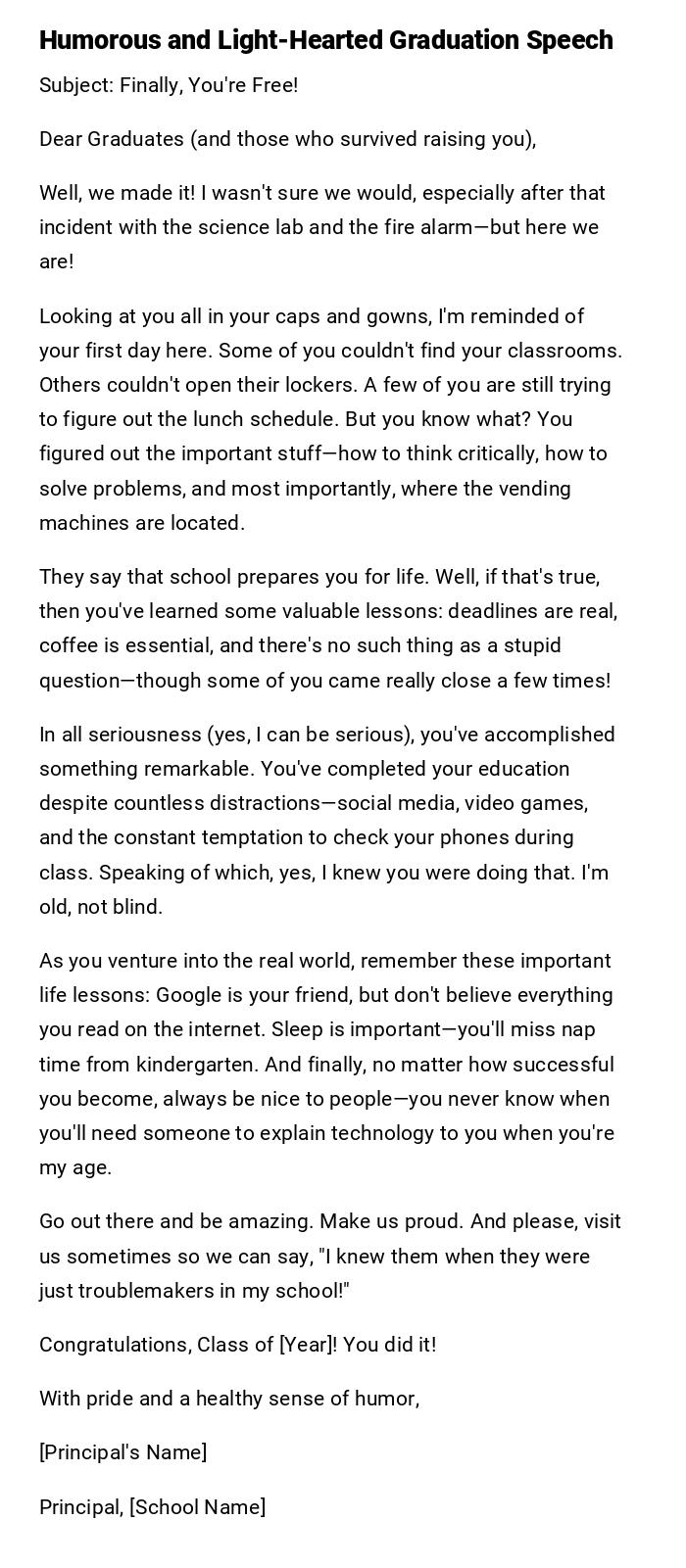 Humorous and Light-Hearted Graduation Speech Humorous and Light-Hearted Graduation Speech