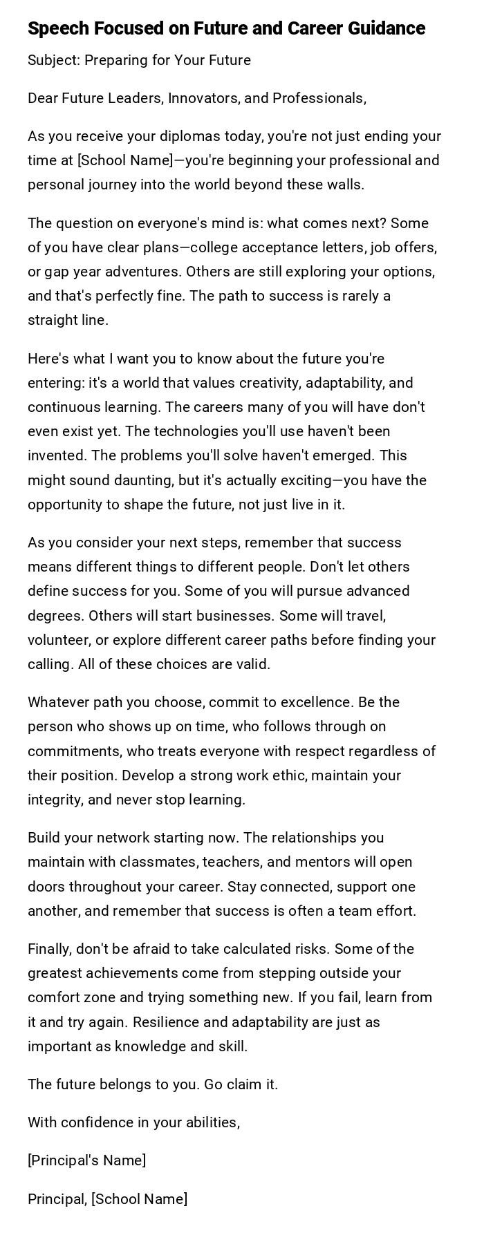 Speech Focused on Future and Career Guidance Speech Focused on Future and Career Guidance