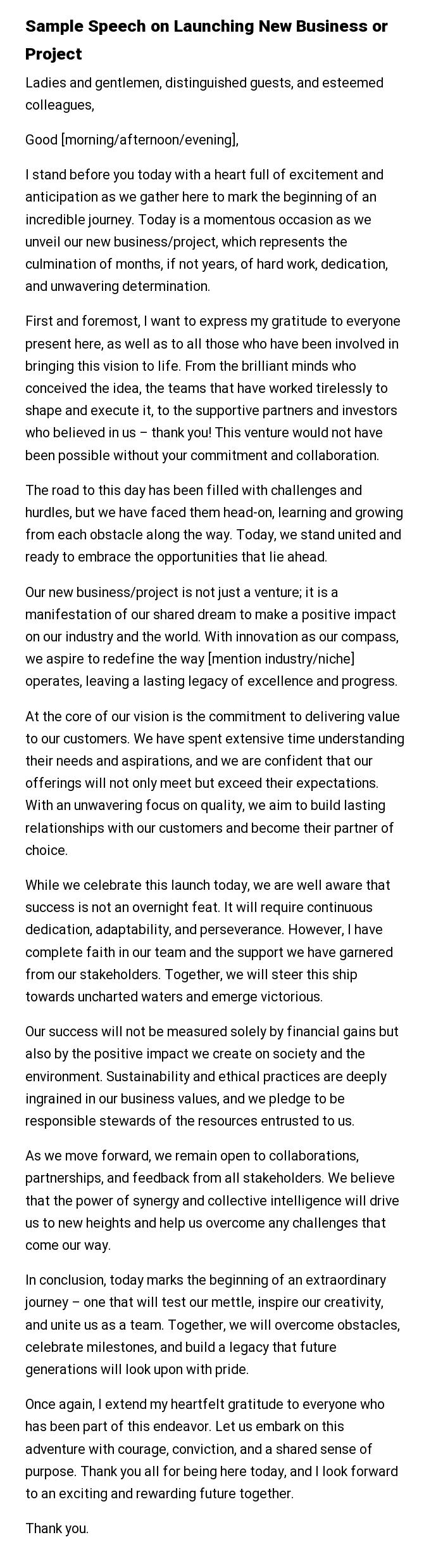 Sample Speech on Launching New Business or Project