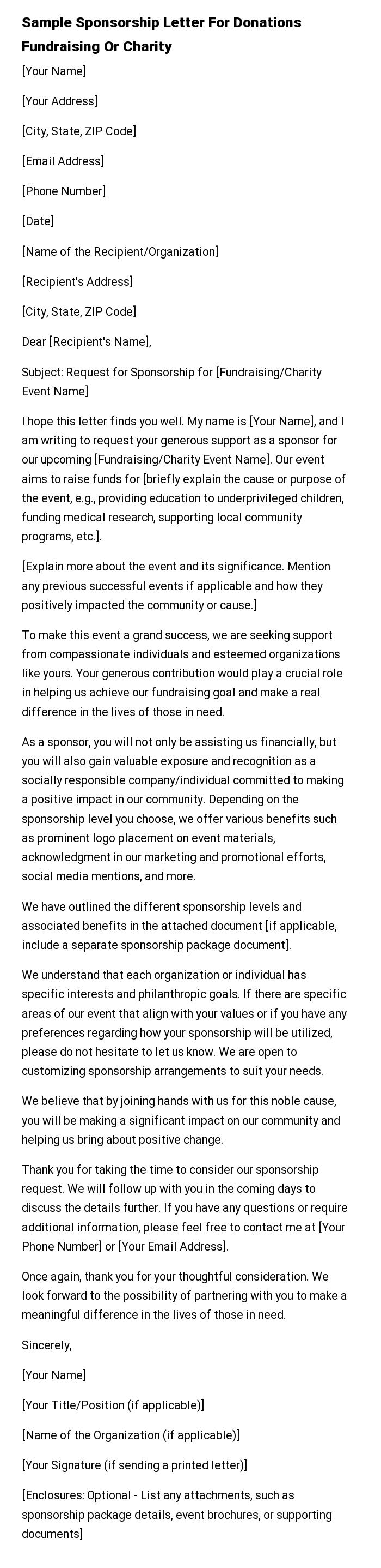Sample Sponsorship Letter For Donations Fundraising Or Charity
