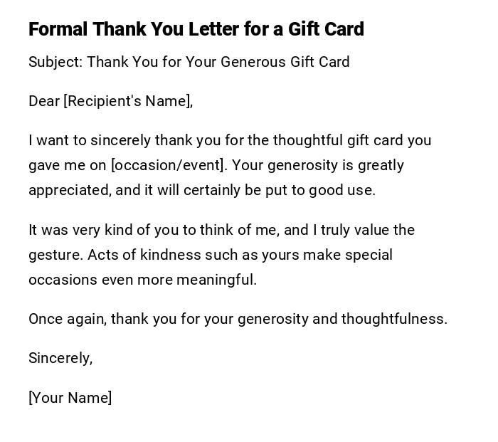 Formal Thank You Letter for a Gift Card Formal Thank You Letter for a Gift Card