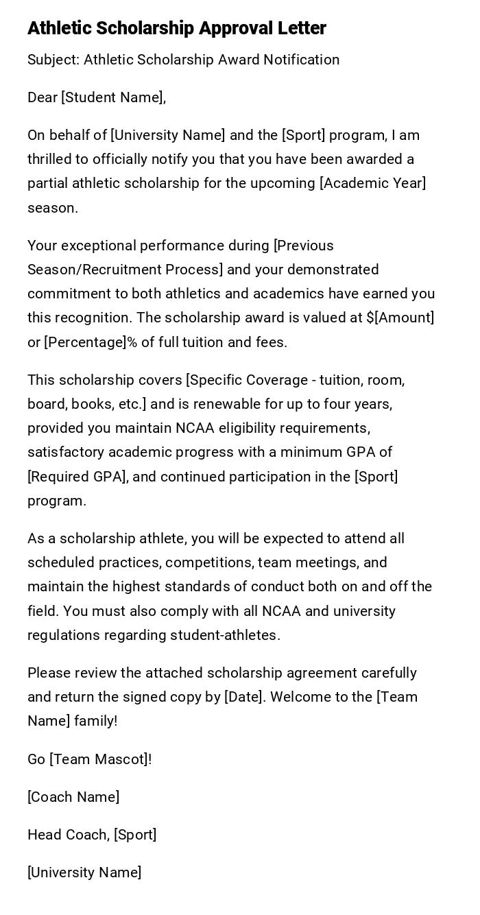 Athletic Scholarship Approval Letter Athletic Scholarship Approval Letter