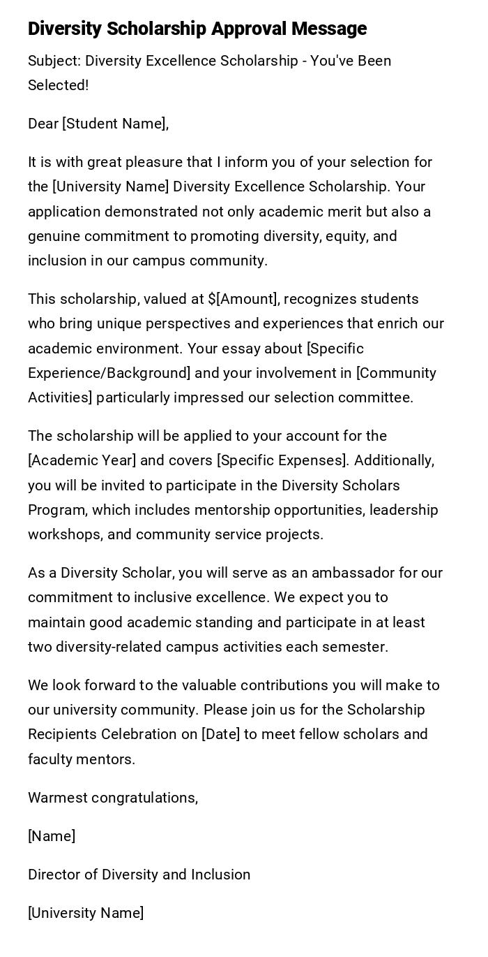 Diversity Scholarship Approval Message Diversity Scholarship Approval Message