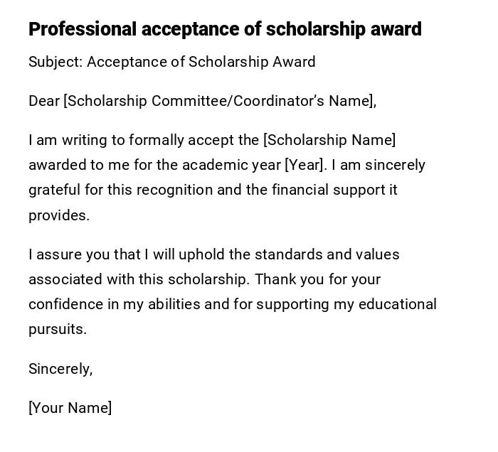 Professional acceptance of scholarship award