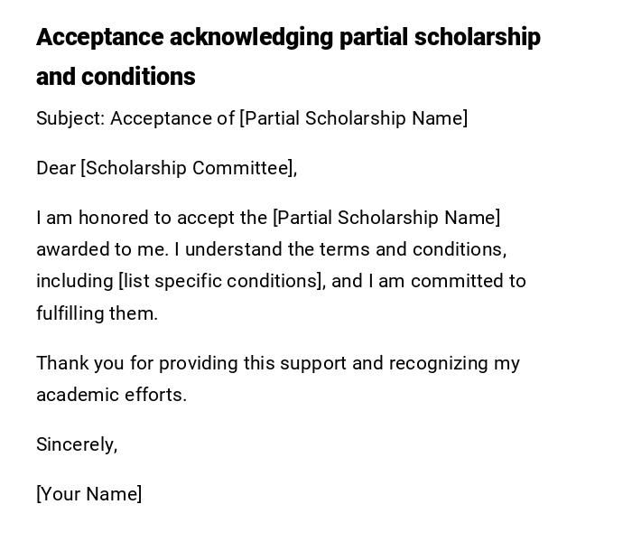 Acceptance acknowledging partial scholarship and conditions