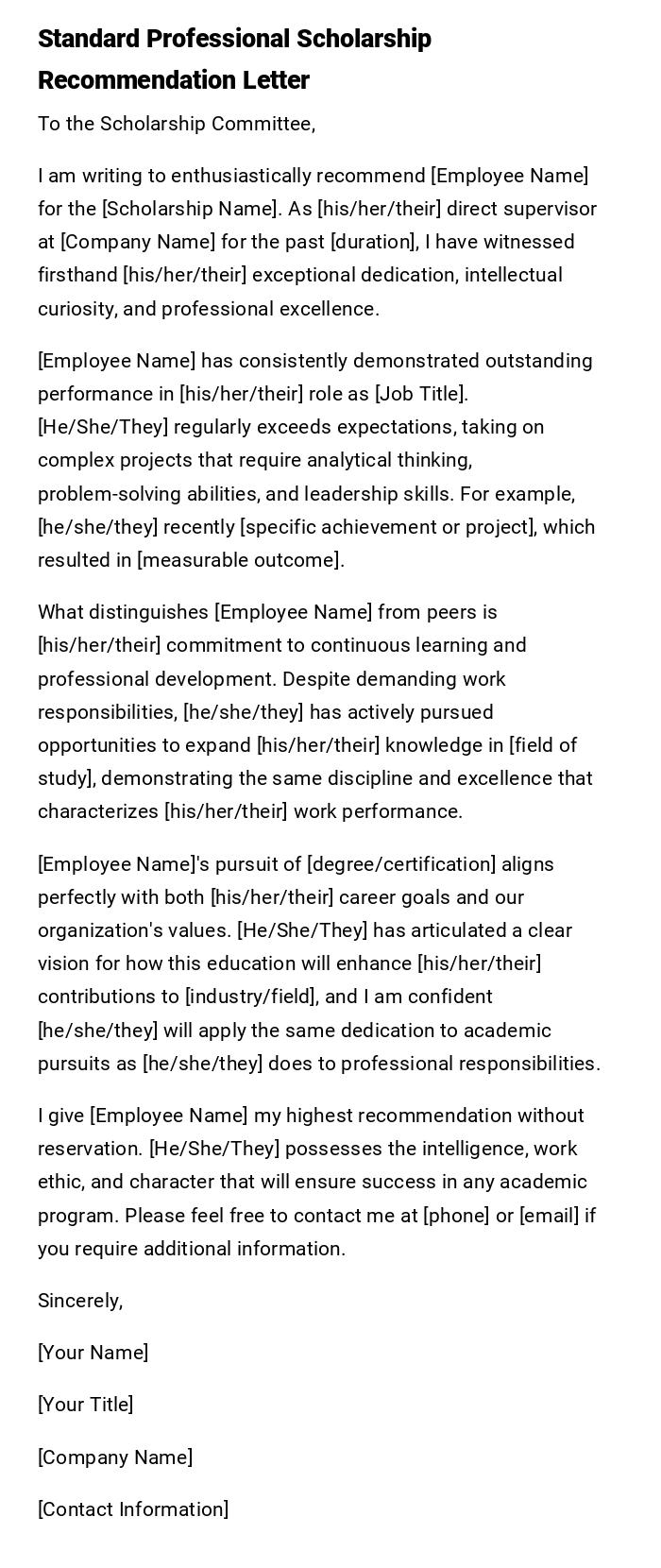 Standard Professional Scholarship Recommendation Letter