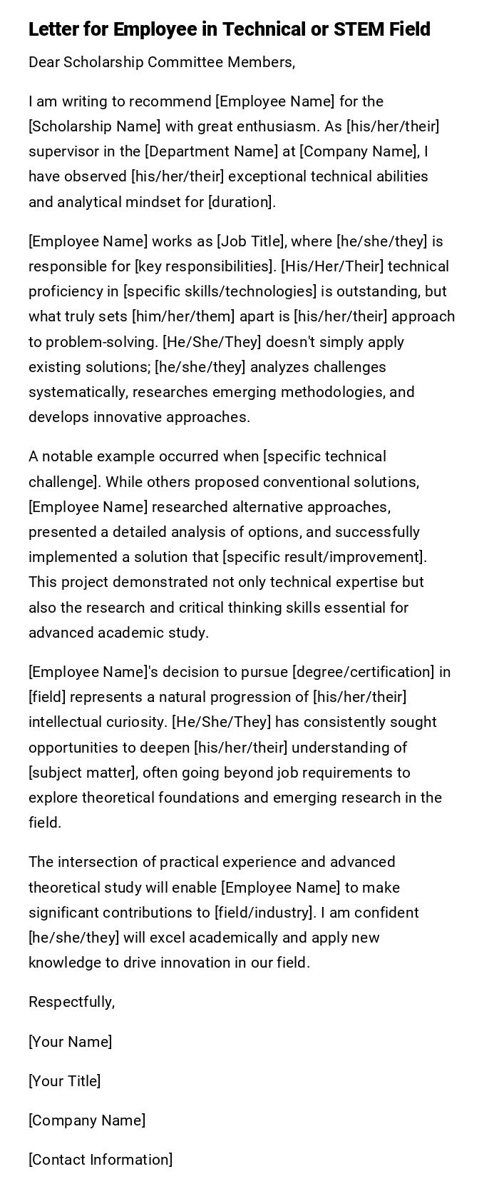 Letter for Employee in Technical or STEM Field