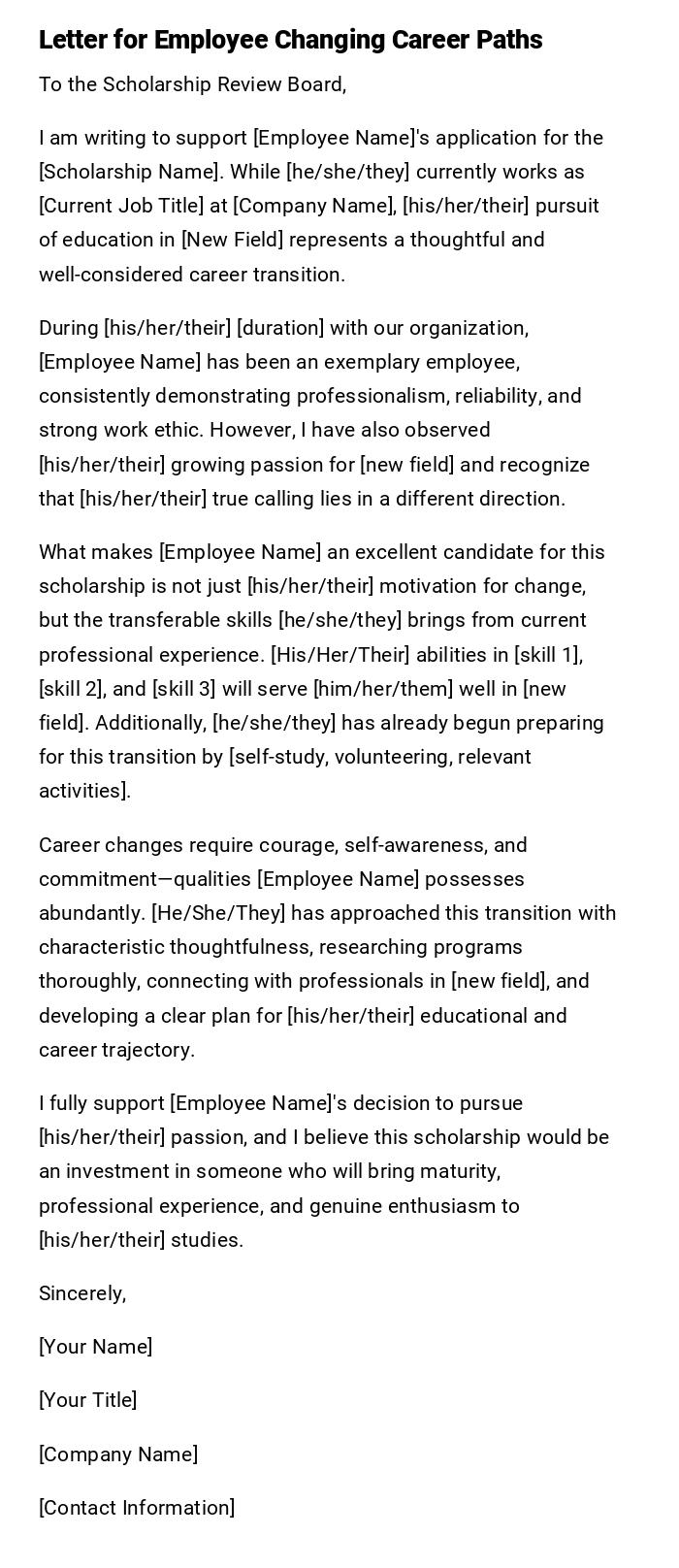 Letter for Employee Changing Career Paths