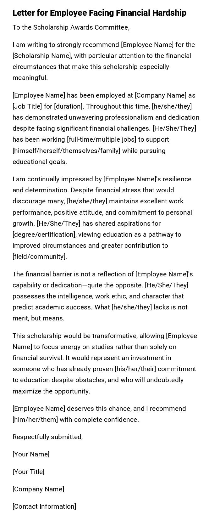 Letter for Employee Facing Financial Hardship