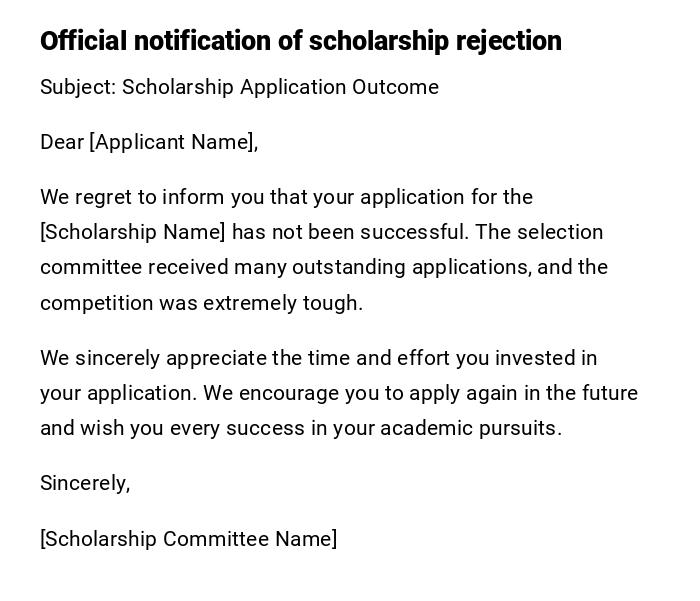 Official notification of scholarship rejection