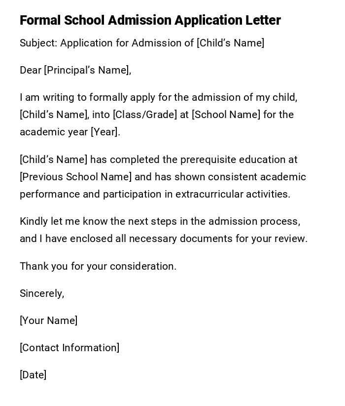 Formal School Admission Application Letter