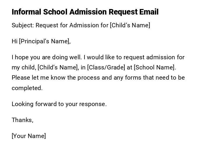 Informal School Admission Request Email