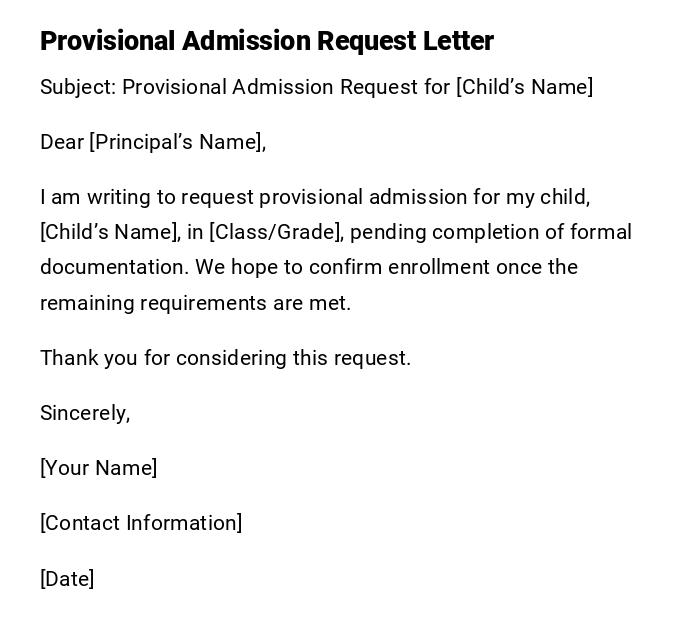 Provisional Admission Request Letter