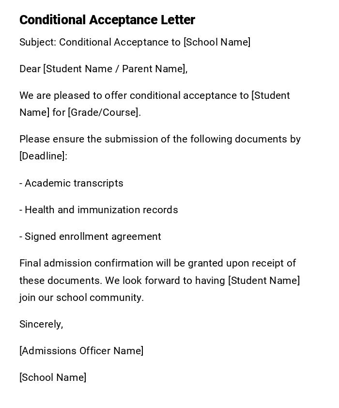 Conditional Acceptance Letter Conditional Acceptance Letter