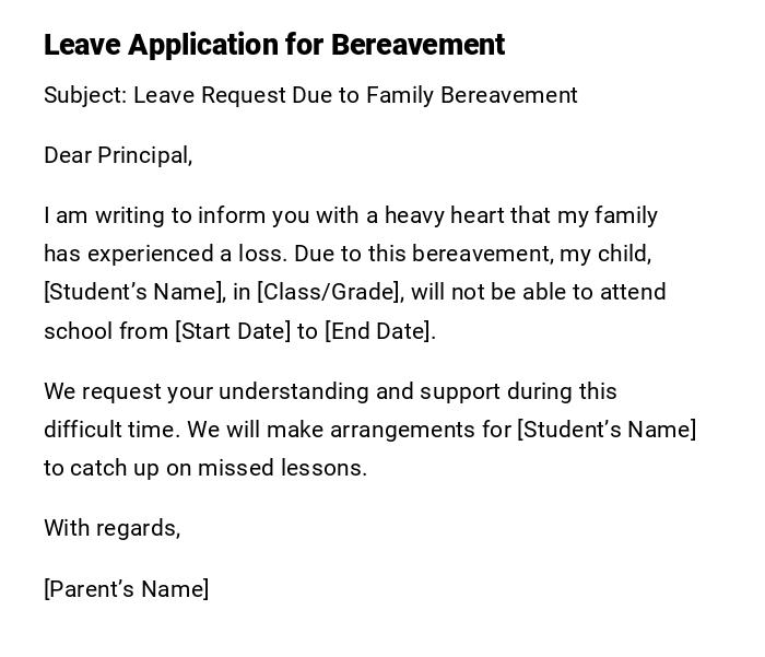 Leave Application for Bereavement Leave Application for Bereavement