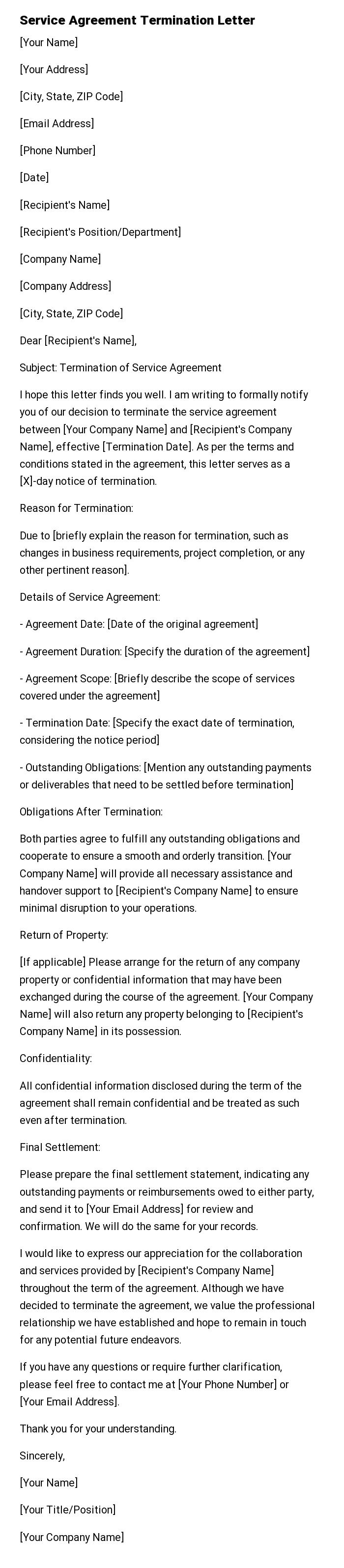 Service Agreement Termination Letter