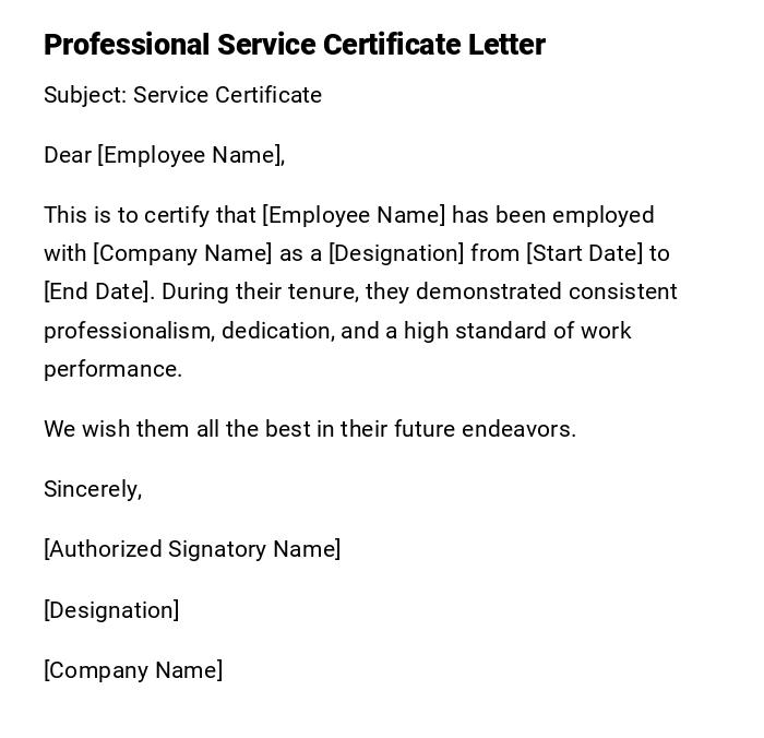 Professional Service Certificate Letter Professional Service Certificate Letter
