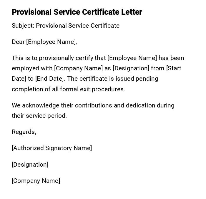Provisional Service Certificate Letter Provisional Service Certificate Letter