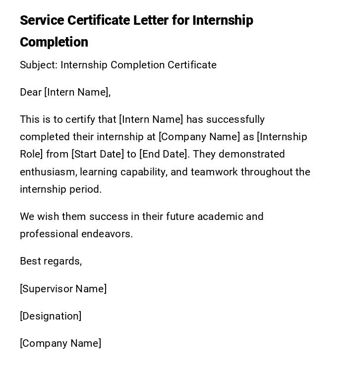 Service Certificate Letter for Internship Completion Service Certificate Letter for Internship Completion