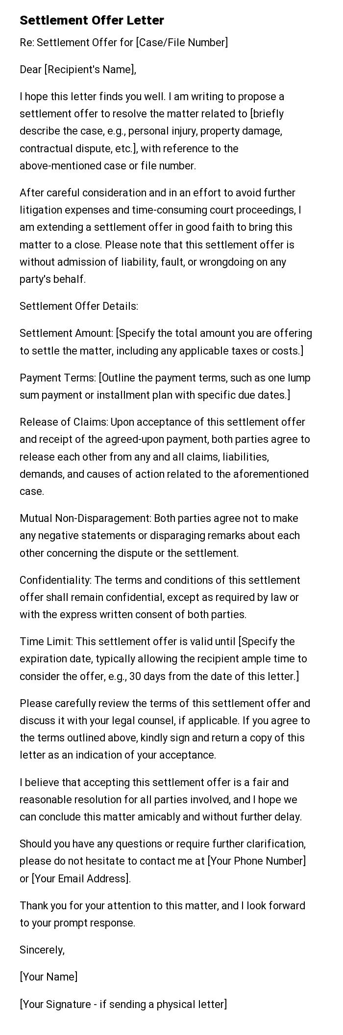 Settlement Offer Letter