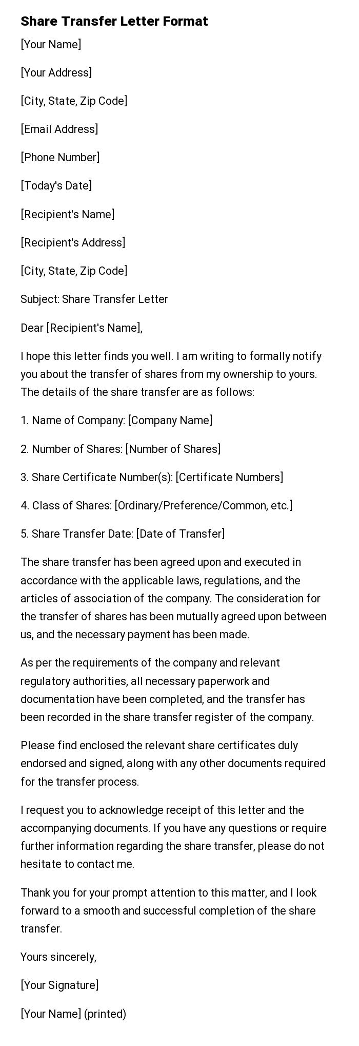Share Transfer Letter Format