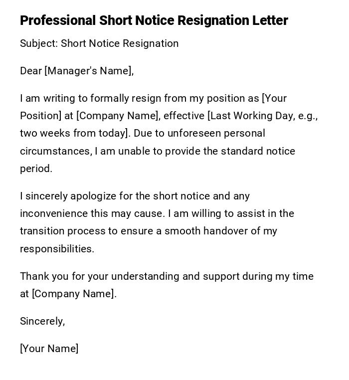 Professional Short Notice Resignation Letter Professional Short Notice Resignation Letter