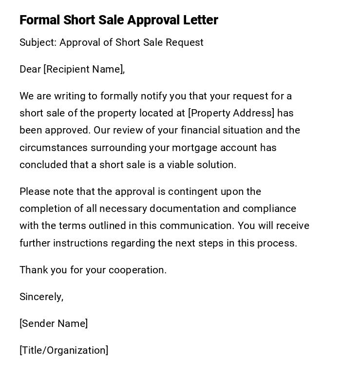 Formal Short Sale Approval Letter Formal Short Sale Approval Letter