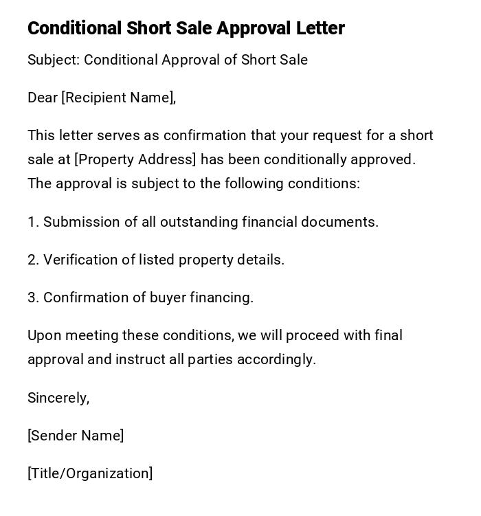 Conditional Short Sale Approval Letter Conditional Short Sale Approval Letter